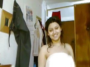Indian Wondrous Dame Dancing In Towel After Shower